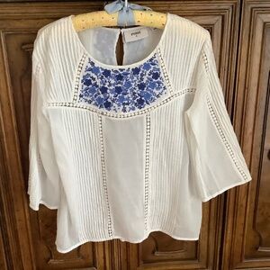 Pyrus cotton  voile top, size small, 3/4 sleeves, soft white, blue embroidery.